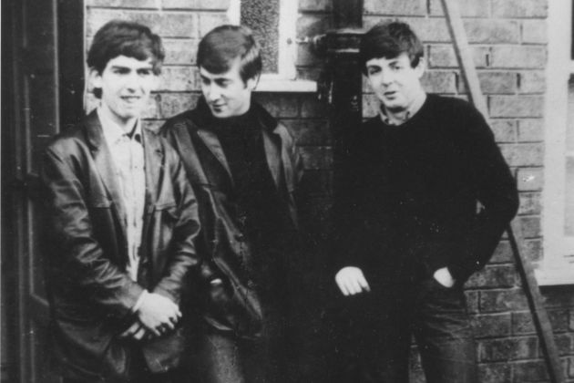 circa 1960: Liverpudlian skiffle beat band The Beatles standing outside Paul's Liverpool home (left to right) George Harrison (1943 - 2001), John Lennon (1940 - 1980), Paul McCartney. Ringo Starr was not to join the band for another two years. (Photo by Keystone/Getty Images)