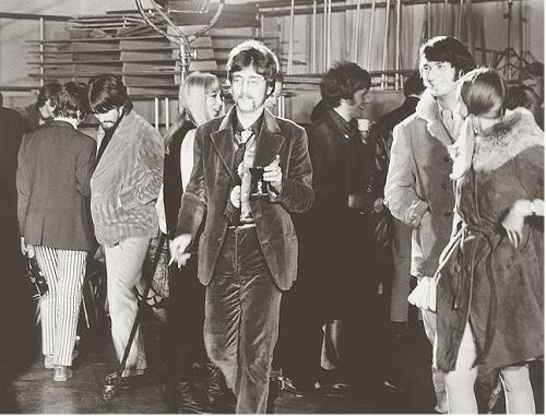 February 10, 1967 - Back of Ringo, George, Pattie Boyd, John, unknown woman, Mike Nesmith and Phyllis Nesmith at Abbey Road Studios. February 10, 1967 - Back of Ringo, George, Pattie Boyd, John, unknown woman, Mike Nesmith and Phyllis Nesmith at Abbey Road Studios.