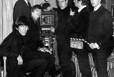 Paul McCartney, John Lennon, George Harrison and Ringo Starr on the set of the very first Beatles movie, A Hard Day's Night. (1964)