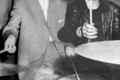 1961, November 10, Ringo Starr of Rory Storm and the Hurricanes and George Harrison of the Beatles at the backstage of the Tower Ballroom, New Brighton.