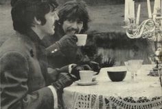 Paul McCartney and George Harrison during the filming for the song Strawberry Fields