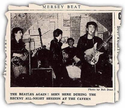 A clipping from Mersey Beat, about the new Liverpool sensation The Beatles, sans Ringo on drums.