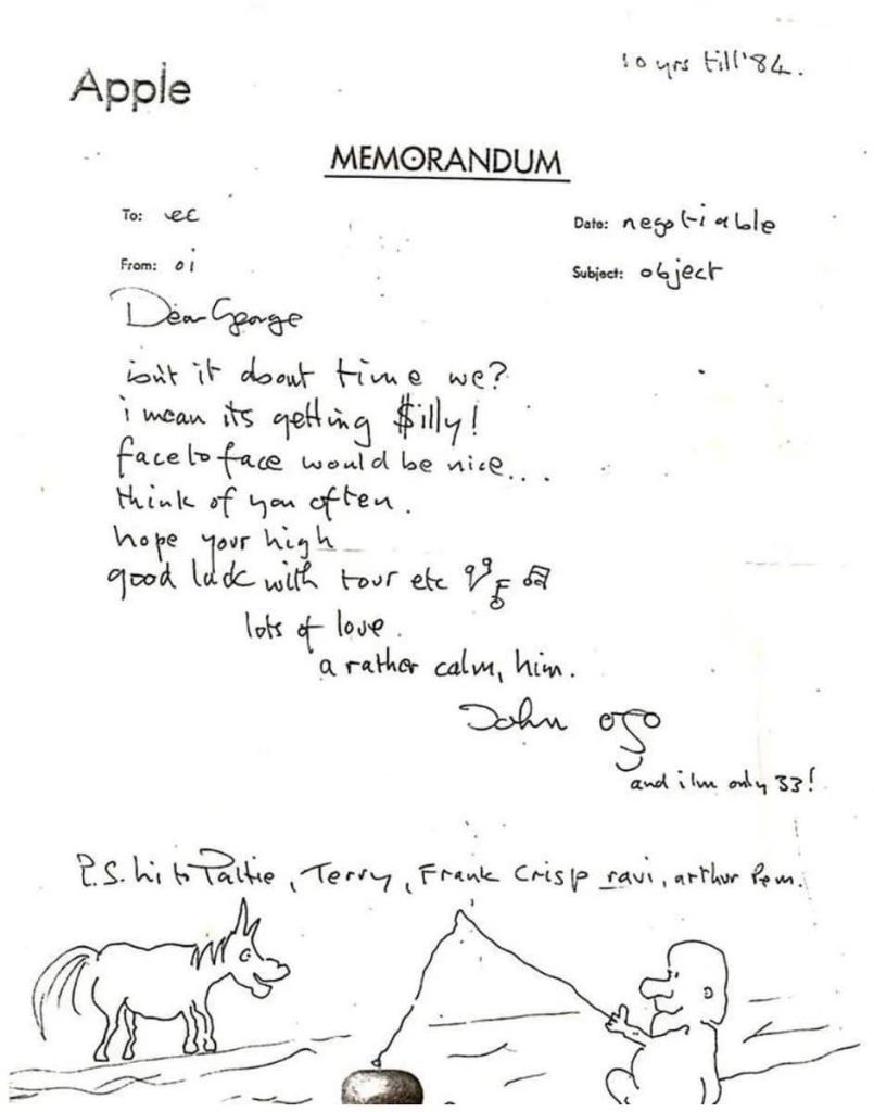 Letter from John to George, in 1974