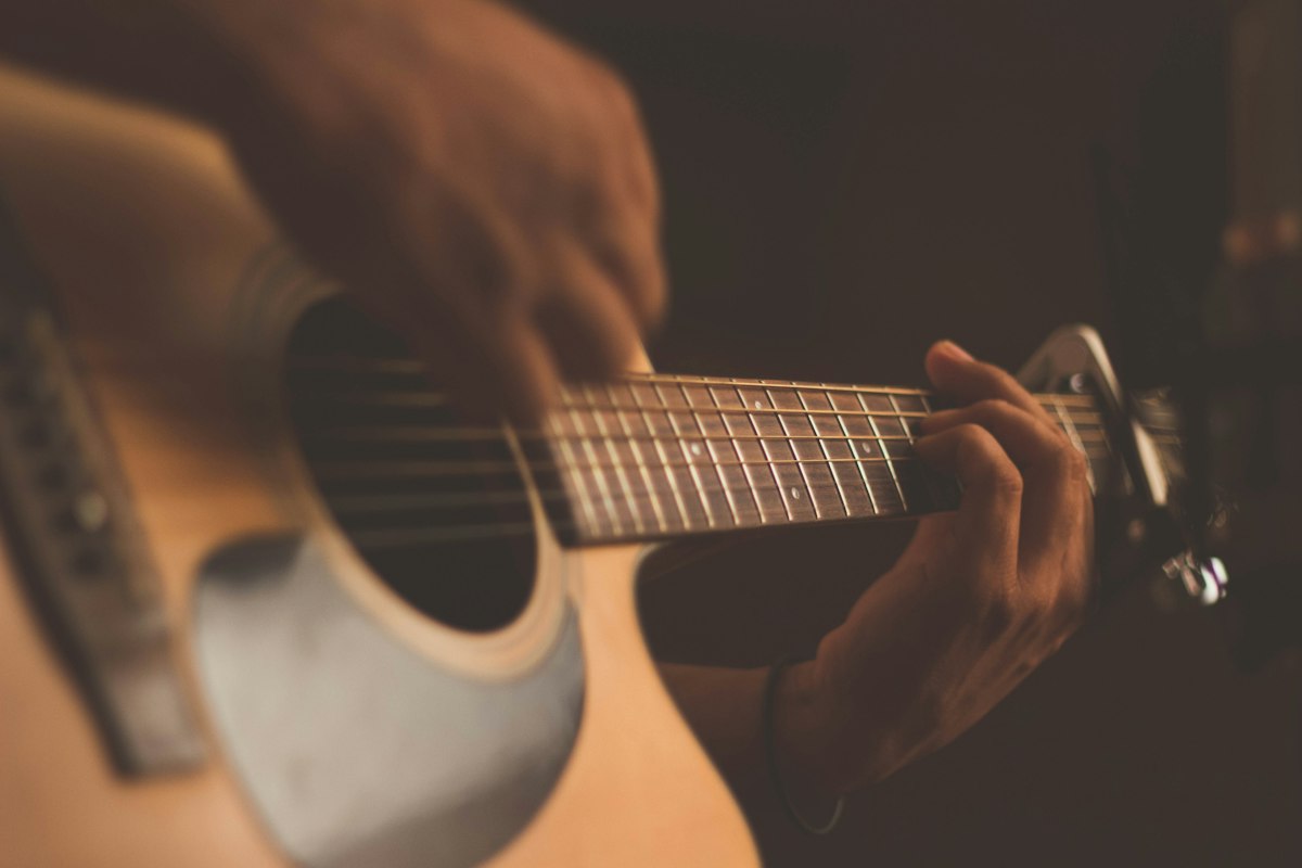 Detailed acoustic guitar woodwork and strings reminiscent of John Lennon 1964 Framus Hootenanny guitar